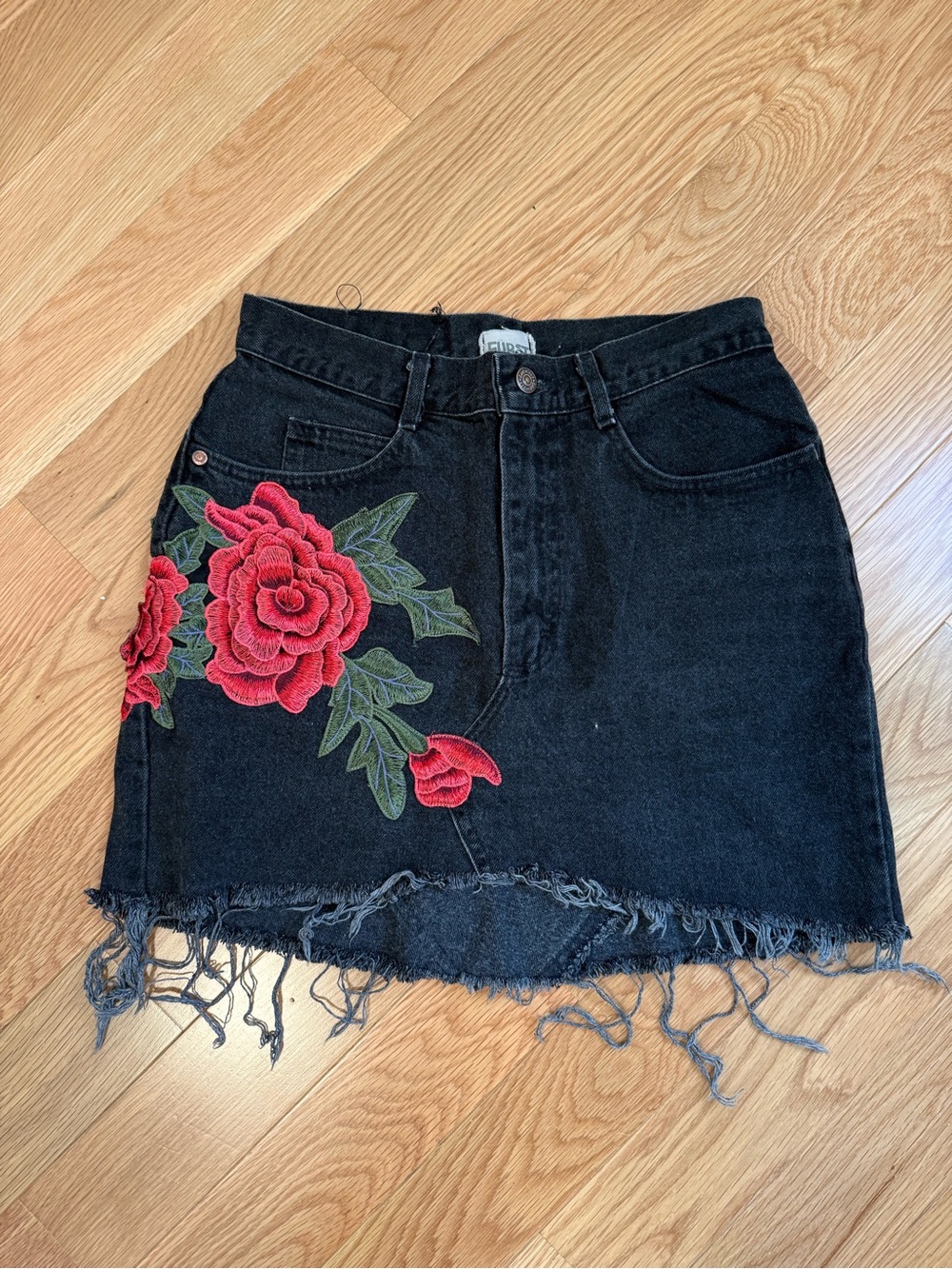 Furst of a Kind High-Rise Black Denim Skirt with Red Floral Embroidery